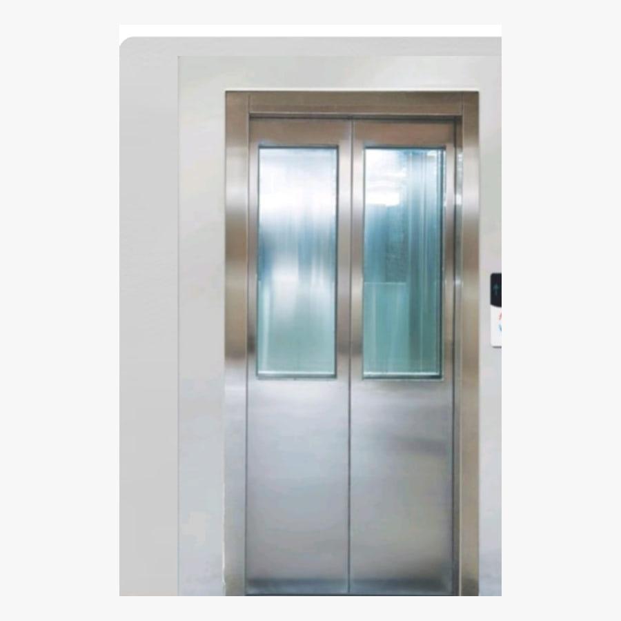 Stainless steel half-glass centre-opening automatic elevator door with landing call panel alongside