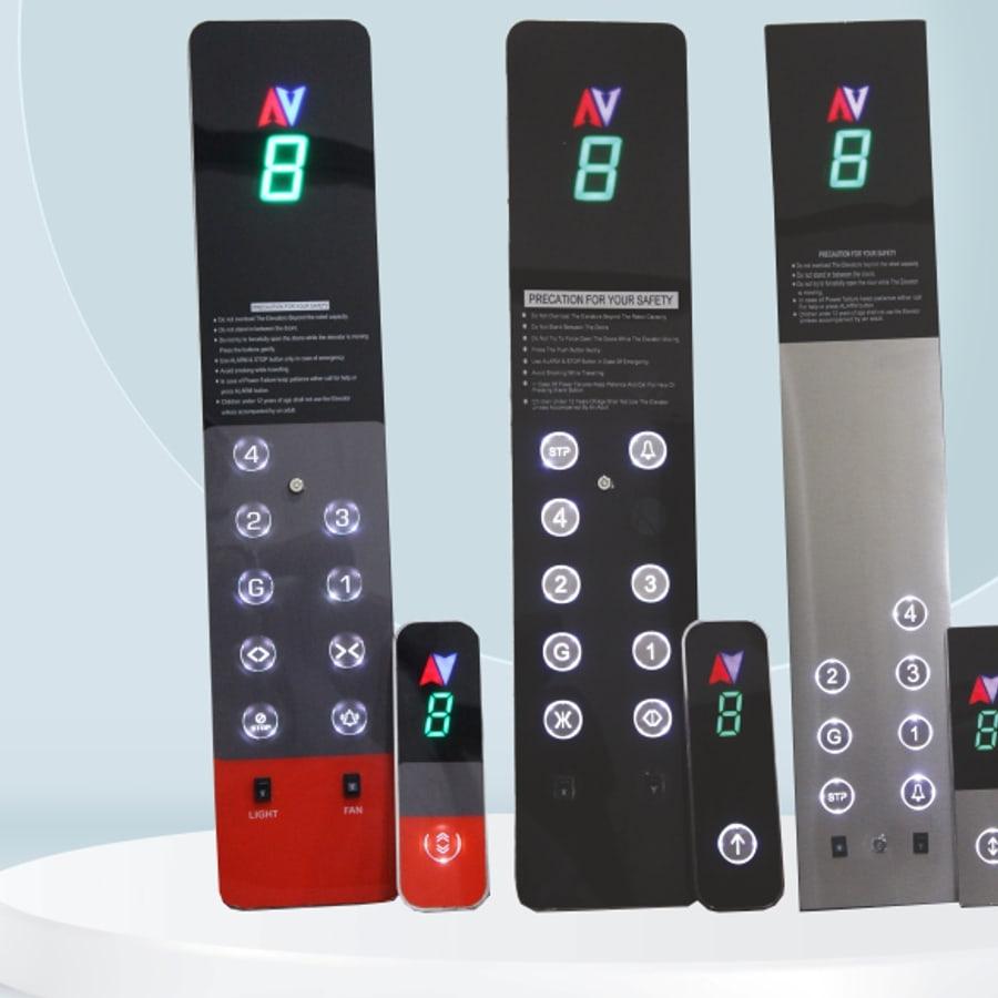 Range of Dymaxa car and landing operating panels in black acrylic and brushed stainless, with halo-illuminated buttons and seven-segment position displays