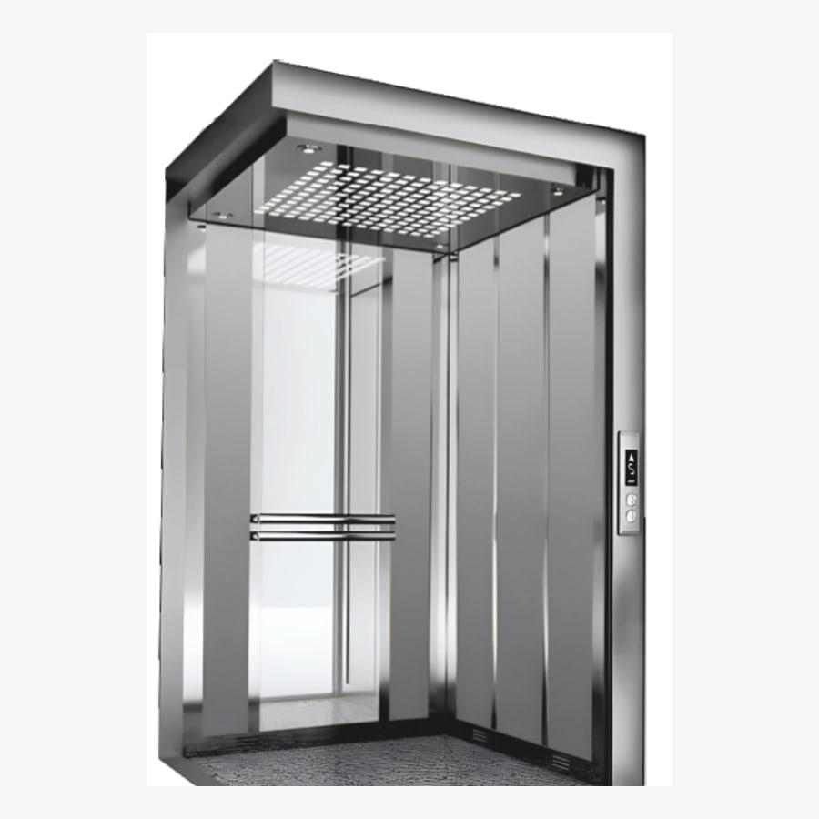 Elevator cabin in mirror-finish stainless steel with a perforated ceiling, twin handrails and stone-effect flooring