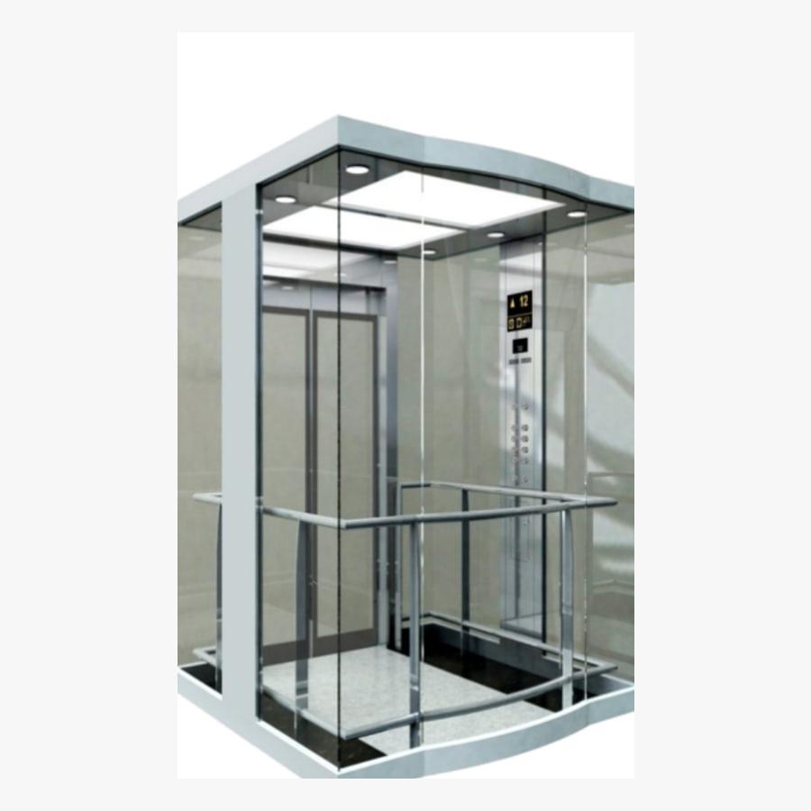 Glass elevator cabin with stainless framing and a full-height glazed rear panel