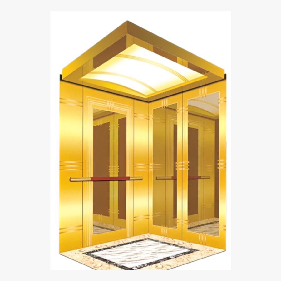 Golden mirror stainless steel elevator cabin with a back-lit ceiling and patterned floor inlay