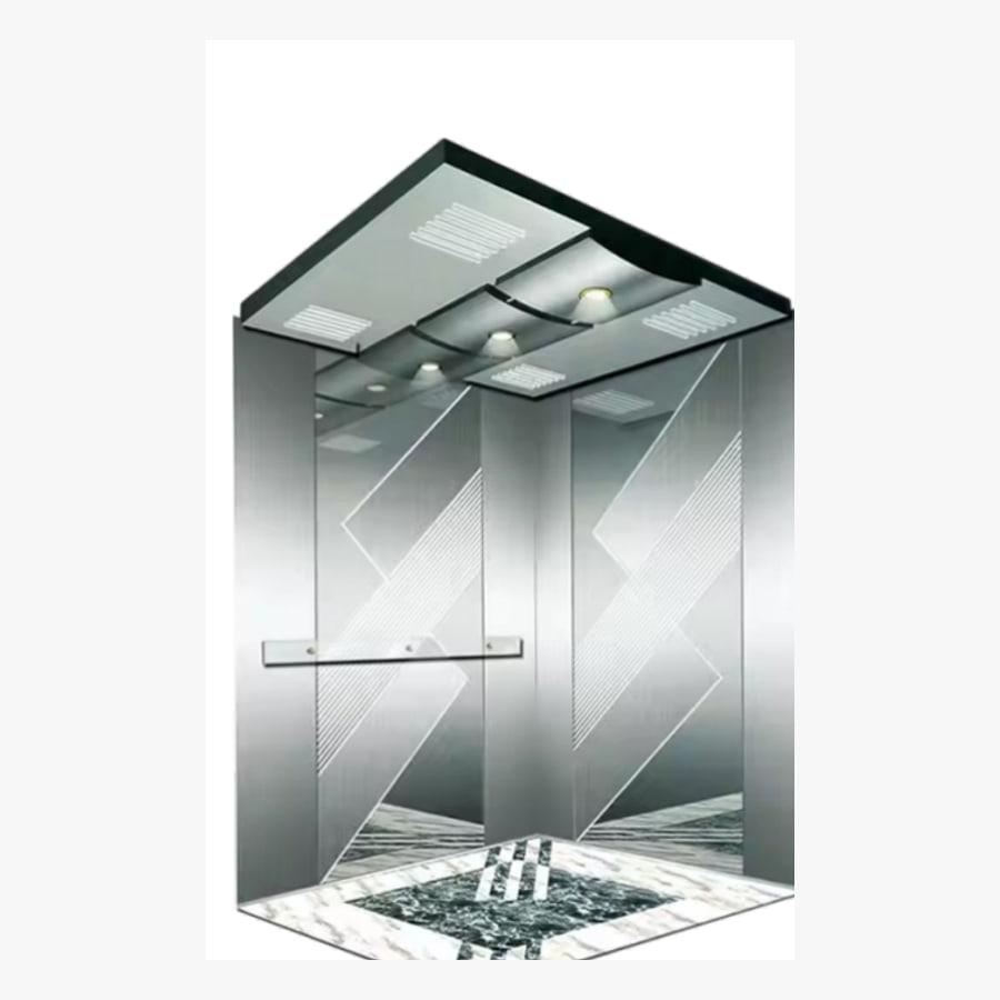 Stainless steel elevator cabin with a decorative etched wall pattern and mirrored ceiling