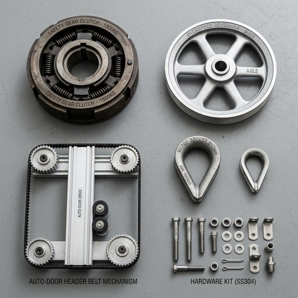Catalog display of Dymaxa elevator spare parts including heavy duty safety clutch, governor pulley, door header belt drive, and stainless hardware